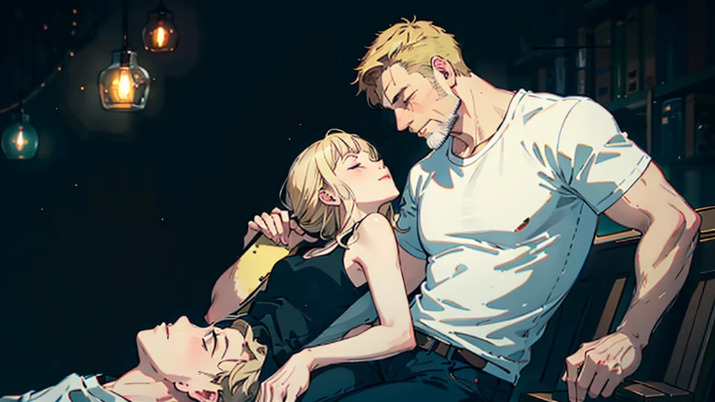 1 blond girl in white t-shirt lay with her head on lap of old muscle beard guy, happy atmosphere, dark background