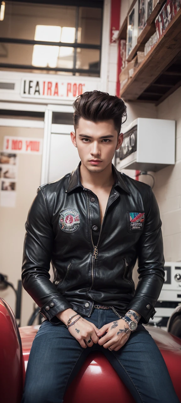 Masterpiece, best quality, ultra-detailed, Realistic Photography, handsome men, rockabilly style fashion