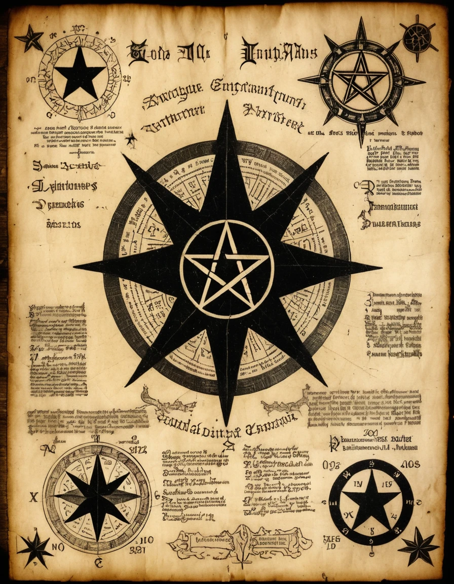 old parchment with engraving, woodcut, pentagrams, technical markings and medical description with charts, text with strange characters, mystical a photo from the 1920s sepia . Textured, distressed, vintage, edgy, punk vibe, dirty, noisy
