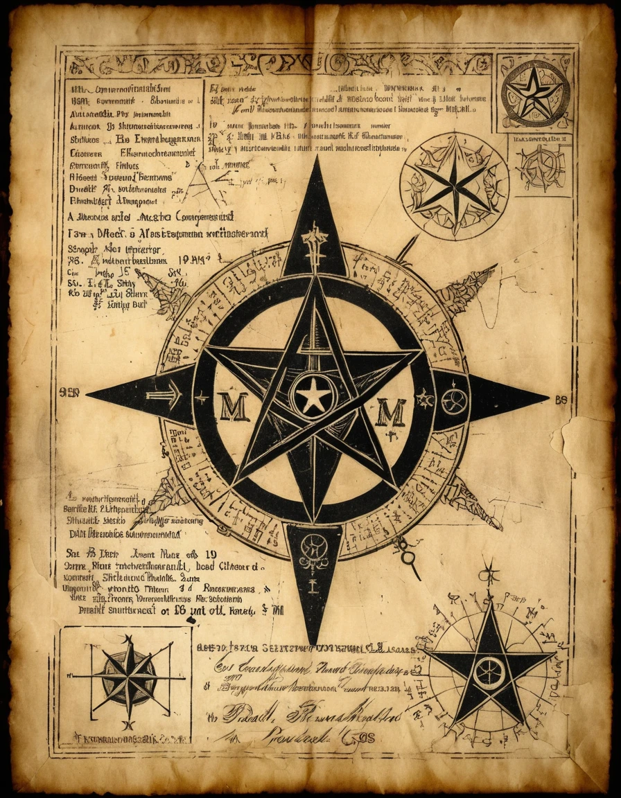 old parchment with engraving, woodcut, pentagrams, technical markings and medical description with charts, text with strange characters, mystical a photo from the 1920s sepia . Textured, distressed, vintage, edgy, punk vibe, dirty, noisy