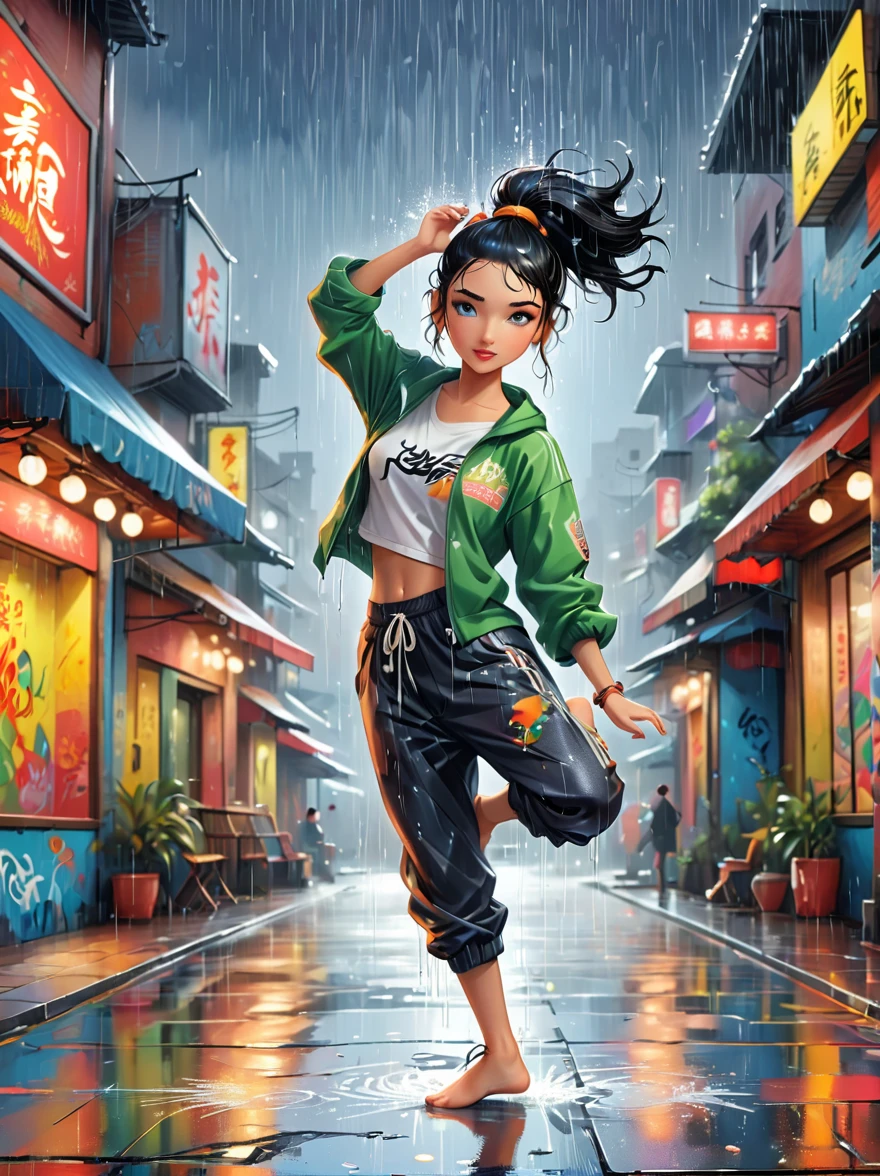 Cartoon illustration,Vector illustration,A girl full of energy,Showing off her breakdancing skills on a graffiti-covered urban dance floor,((beautiful eyes)),((Perfect and refined limbs)),She was barefoot,Loose and comfortable clothes,Perfect for dancing,Her black hair was tied into a high ponytail.,One hand rotation,Spin your feet in the air,(heavy rain:1.5),(The scene is filled with cold rain),The audience was impressed,She performed a complex move with ease.,The energy she captures is palpable,The air is filled with the rhythm of street music,(masterpiece,Best quality:1.2),lifelike,Reality,梦幻般的Light芒,错综复杂的detail,Ultra Detailed,detail,High contrast,美丽细致的Light芒,Bright,更多detail,精细发Light,very fine 8K CG wallpaper,Depth of Field,Abuse of color difference,Soft colors,非常精致的Light线,眩Light,Light,Light粒子,reflection
