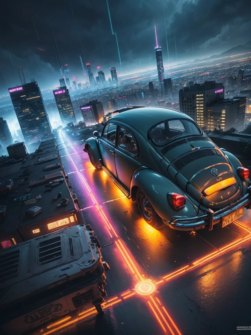 From above, A jet-powered 1974 VW Beetle flies over a cyberpunk city. neon, rain, Led, World of Blade Runner. Dramatic cinematic light of the future city, Spectacular realism , masterpiece, Ultra-high resolution
