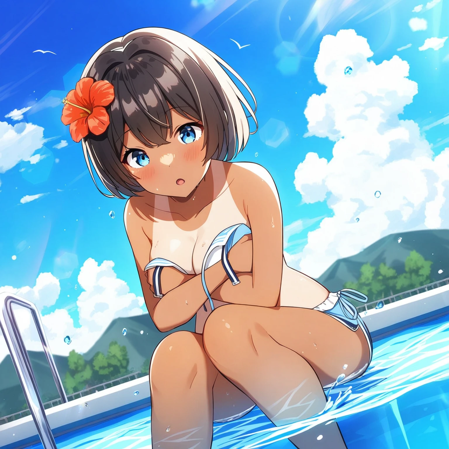 Anime Girls in a bikini sitting on a ledge by a pool, Anime Moe Art Style, cute Anime Girls, Splash art anime , Pixiv, Wallpaper Anime Blue Water, Makoto Shinkai's art style, Anime Style 4k, Wearing a swimsuit, Digital anime art!!, at Pixiv, (Anime Girls), sayori, Next to the pool