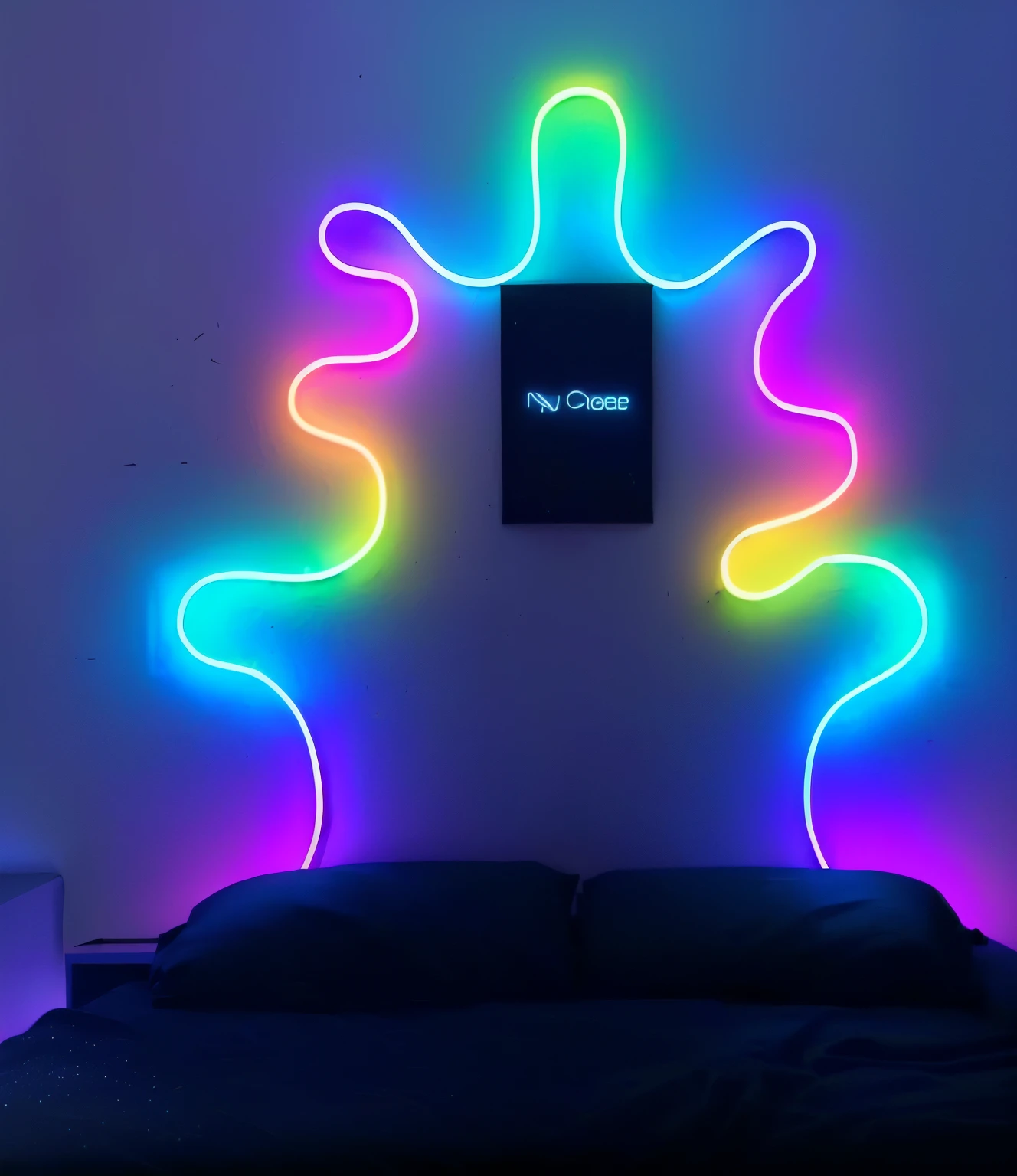 a close up of a bed with a neon light on it, neon art, neon outline, made of neon light, ghost neon, neon accent lights, neon outlines, neon art style, neon lamp, colorized neon lights, 3 d neon art of a womens body, with neon lighting, soft neon lights, dreamy soft neon lights, neon lights in background