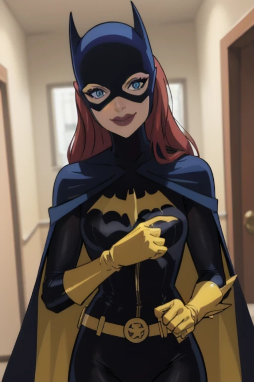 BarbaraG, 1girl, solo, long blue cape, blue mask, belt, gloves, blue eyes, superhero, long hair, bodysuit, lipstick, batgirl, room, smile, sexy pose