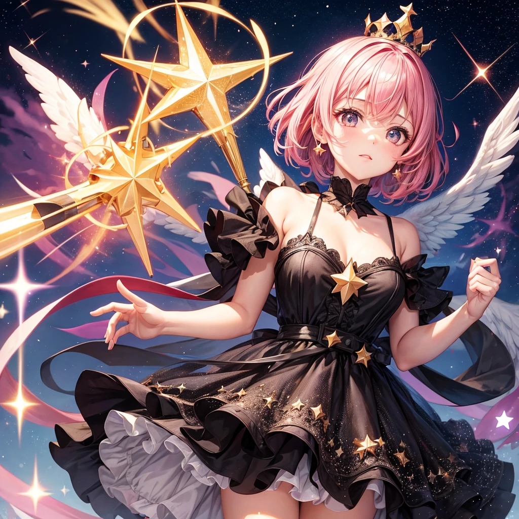 a beautiful girl with short pink hair, angel, crown, black dress, star staff, sparkling