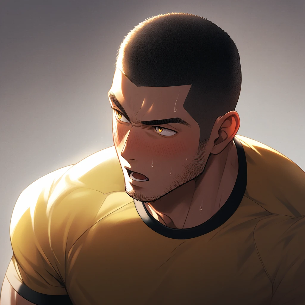 1muscular sportsman, male focus, Buzz Cut,Yellow and black tight T-shirt, muscular male, muscular, only, Upper body, alone, look to the side, short hair, stubble, sweat, black hair, Yellow eyes, open lips, White background, simple background, amazing quality, best aesthetics, Ridiculous, crew cut, moaning, blush, chiaroscuro, cinematic lighting, best quality, textured skin