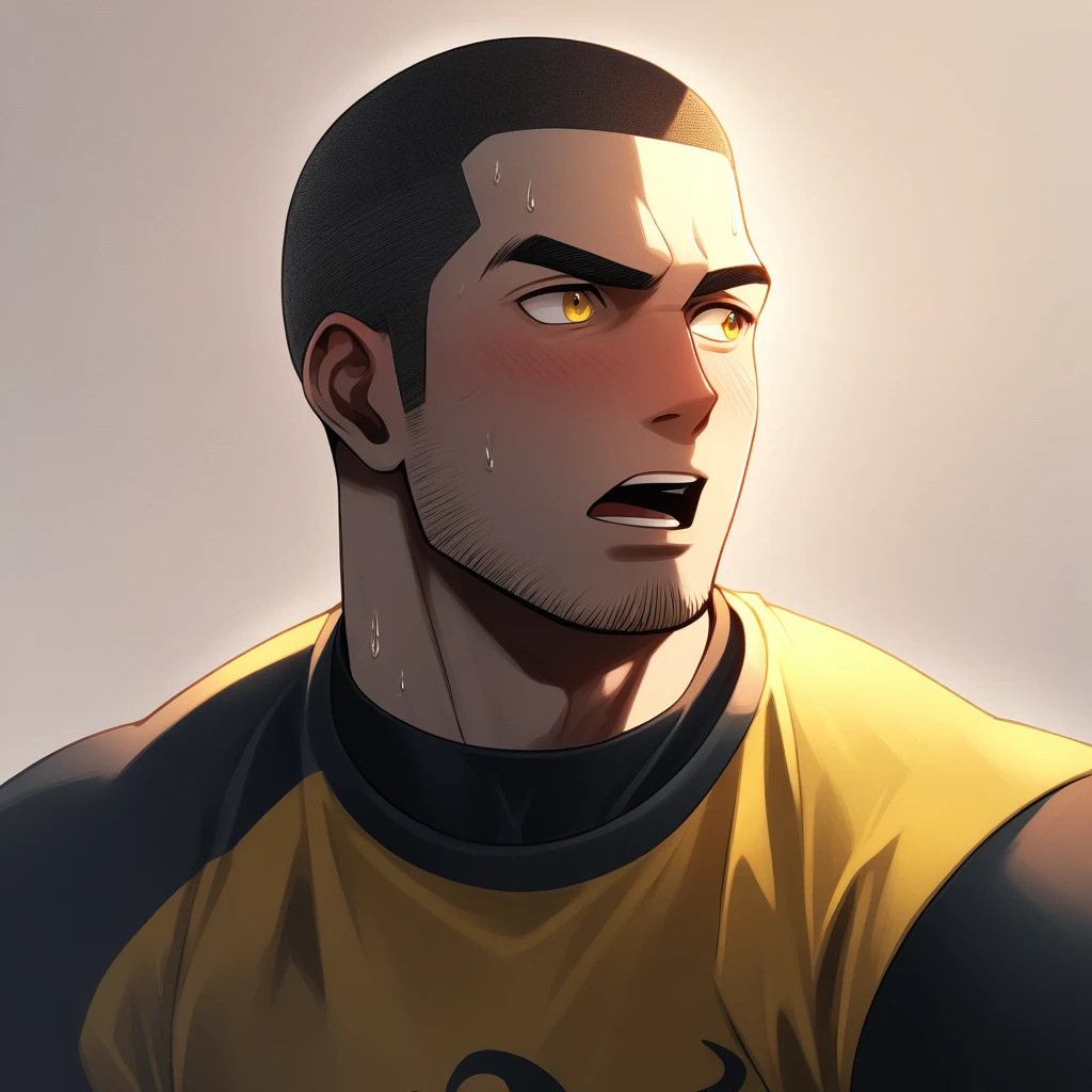 1muscular sportsman, male focus, Buzz Cut,Yellow and black tight T-shirt, muscular male, muscular, only, Upper body, alone, look to the side, short hair, stubble, sweat, black hair, Yellow eyes, open lips, White background, simple background, amazing quality, best aesthetics, Ridiculous, crew cut, moaning, blush, chiaroscuro, cinematic lighting, best quality, textured skin