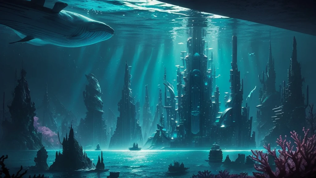 "A high-resolution, realistic, fantastical, and serene deep-sea city scene viewed from the ocean floor looking up towards the water surface. The city is very large with futuristic buildings, domes, and spires, completely submerged in clear emerald green water. The scene has a magical and tranquil atmosphere, with soft glowing lights illuminating the city. The water is deep, creating a darker and more mysterious environment. In the background, the silhouette of a whale can be seen. The city is surrounded by vibrant marine life and coral formations, capturing the enchanting beauty of the underwater city. Glowing city.The theme color is Pink and Cyan blue, highlighting the underwater environment. The aspect ratio is 16:9."