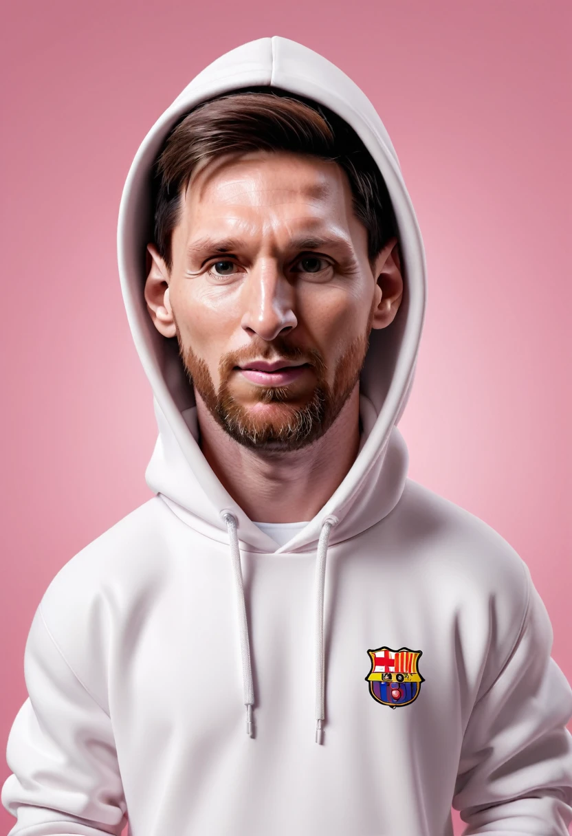 Lionel Messi, wearing white hoodie. inspired by Eva Gonzalez, best quality, masterpiece, Ultra high detail, 8k. Pink background. Caricature, Big Head