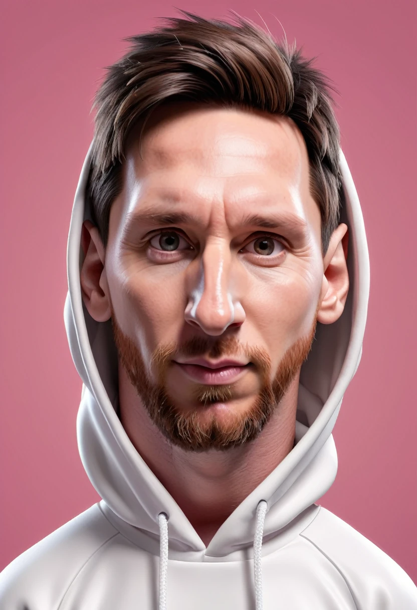 Lionel Messi, wearing white hoodie. inspired by Eva Gonzalez, best quality, masterpiece, Ultra high detail, 8k. Pink background. Caricature, Big Head