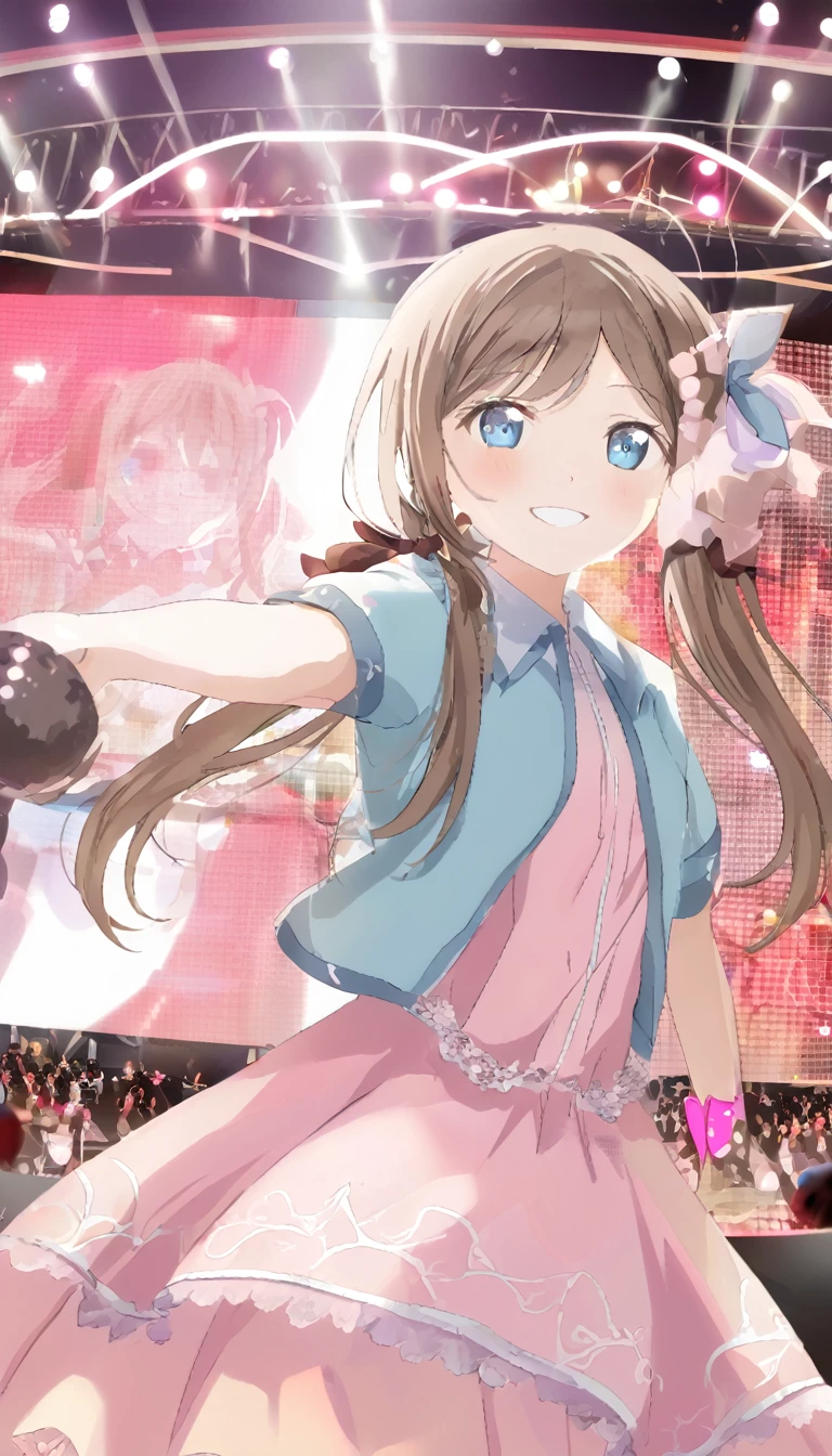 Sakurazaka Shizuku Dark brown hair Long Hair Long twin tails Light blue eyes Pink dress smile Live Stage microphone one man live Hair Ribbon 1People in the photo