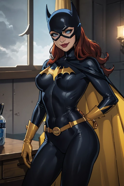 BarbaraG, 1girl, solo, long blue cape, blue mask, belt, gloves, blue eyes, superhero, long hair, bodysuit, lipstick, batgirl, room, smile, sexy pose