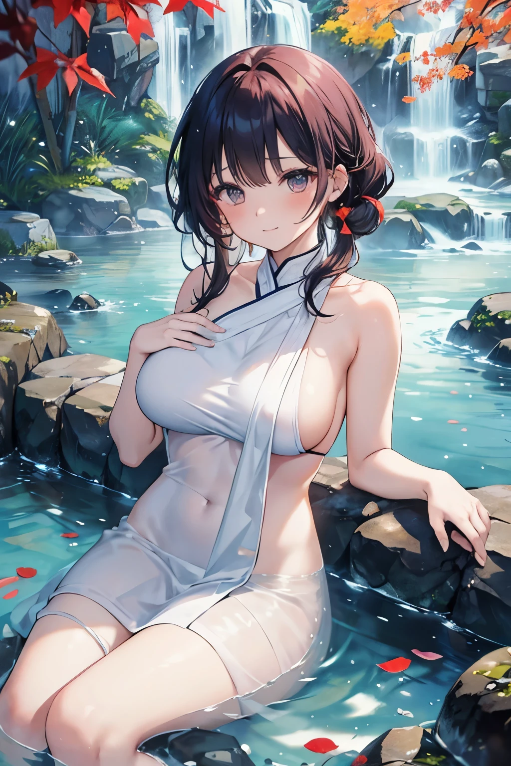 Woman relaxing in hot spring,２０generation,Yang Liang、Colored leaves、Satisfied face,Cover your hair with a towel,Beautiful light of inspiration,Elegant water flow,Soothing atmosphere,Quiet and peaceful background，Large Breasts