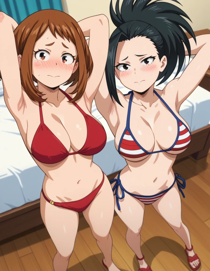 score_7_up, score_6_up, best quality, anime screencap, clear face, (2girls), yaoyorozu momo, ochako uraraka, bedroom, standing, looking at viewer, big breasts, bikini, blush, embarrassed, arms behind head, spread legs, from above 