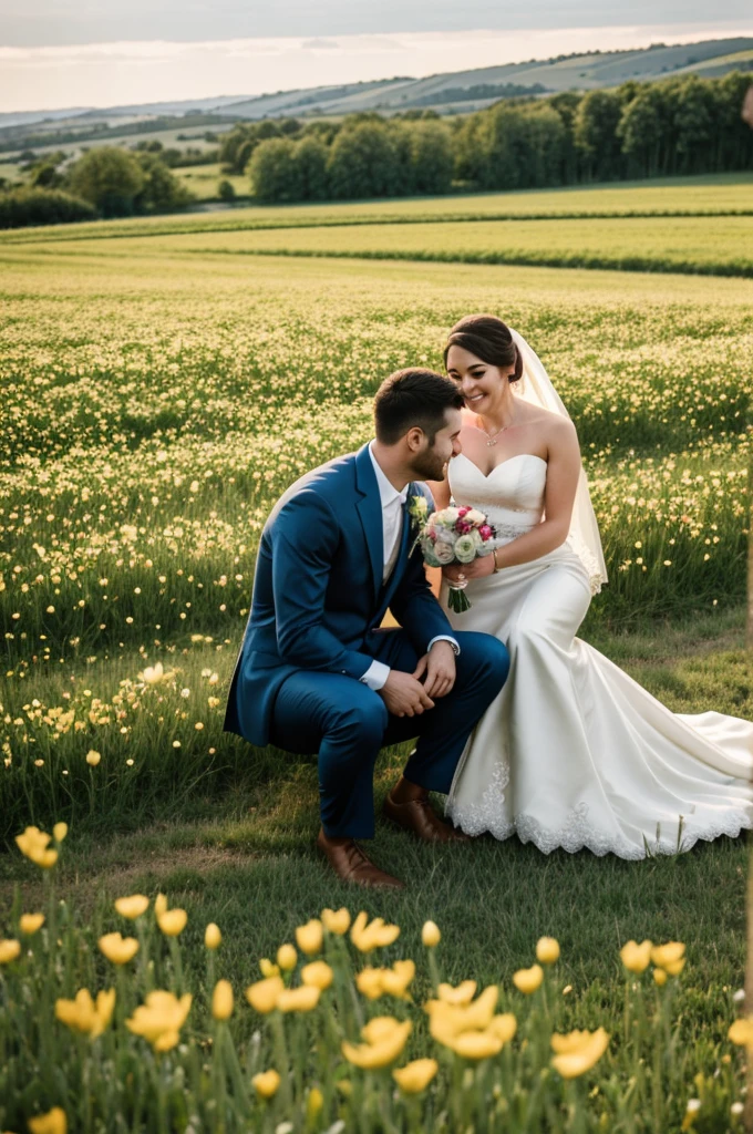 Couple, wedding rings, wedding in the middle of a field of flowers in the lan switch