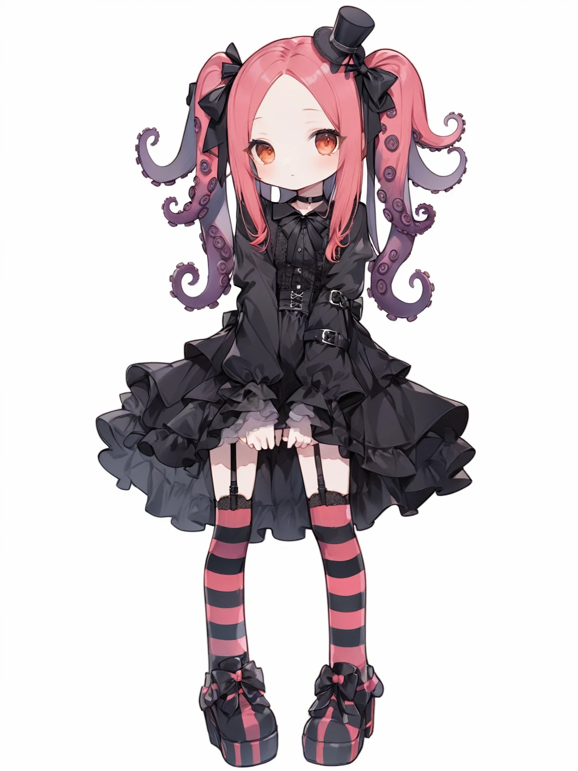 ultra-detailed illustration of standing cute girl, chibi, tachi-e, solo, pink twintails, octopus hair, orange eyes, mini top hat, choker, black gothic dress, striped socks, garter belt, black shoes, simple background, white background, full body, masterpiece, best quality, beautiful illustration, very aesthetic art, cartoon style