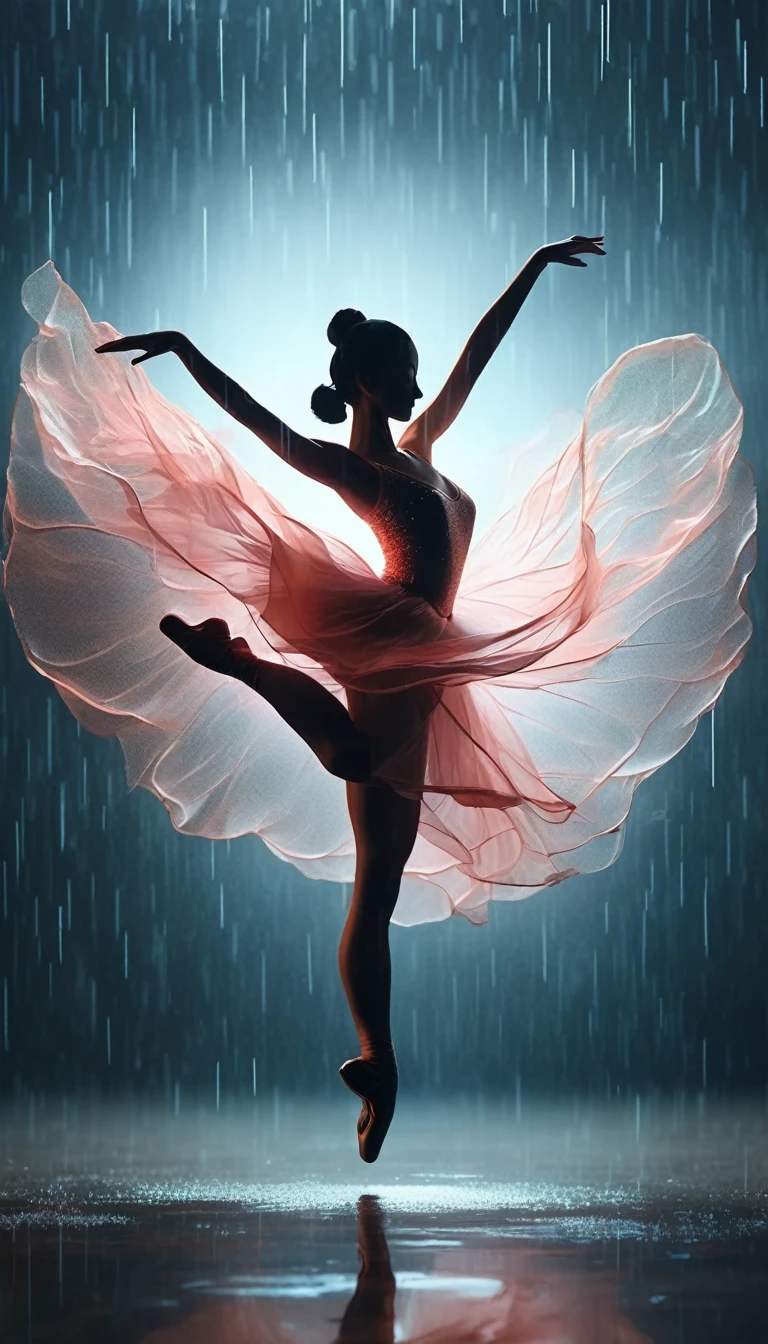 The silhouette of a ballet dancer gradually formed by the rain， 红色background, Digital Art Style, Simple lines，Silhouette of a ballet dancer dancing beautifully from above, 暴雨 dancing with the light Simple lines, Silhouette Art, background, illustration, 暴雨background, cartoon, 纯色background, texture, lotus, Warm atmosphere, Mysterious feeling, Dancing in the heavy rain, A style that displays waterspouts and light，Double Exposure，reflection
