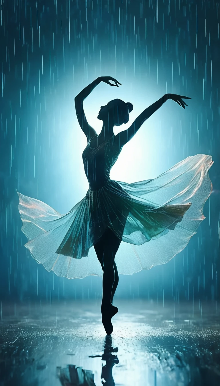 The silhouette of a ballet dancer gradually formed by the rain， 红色background, Digital Art Style, Simple lines，Silhouette of a ballet dancer dancing beautifully from above, 暴雨 dancing with the light Simple lines, Silhouette Art, background, illustration, 暴雨background, cartoon, 纯色background, texture, lotus, Warm atmosphere, Mysterious feeling, Dancing in the heavy rain, A style that displays waterspouts and light，Double Exposure，reflection