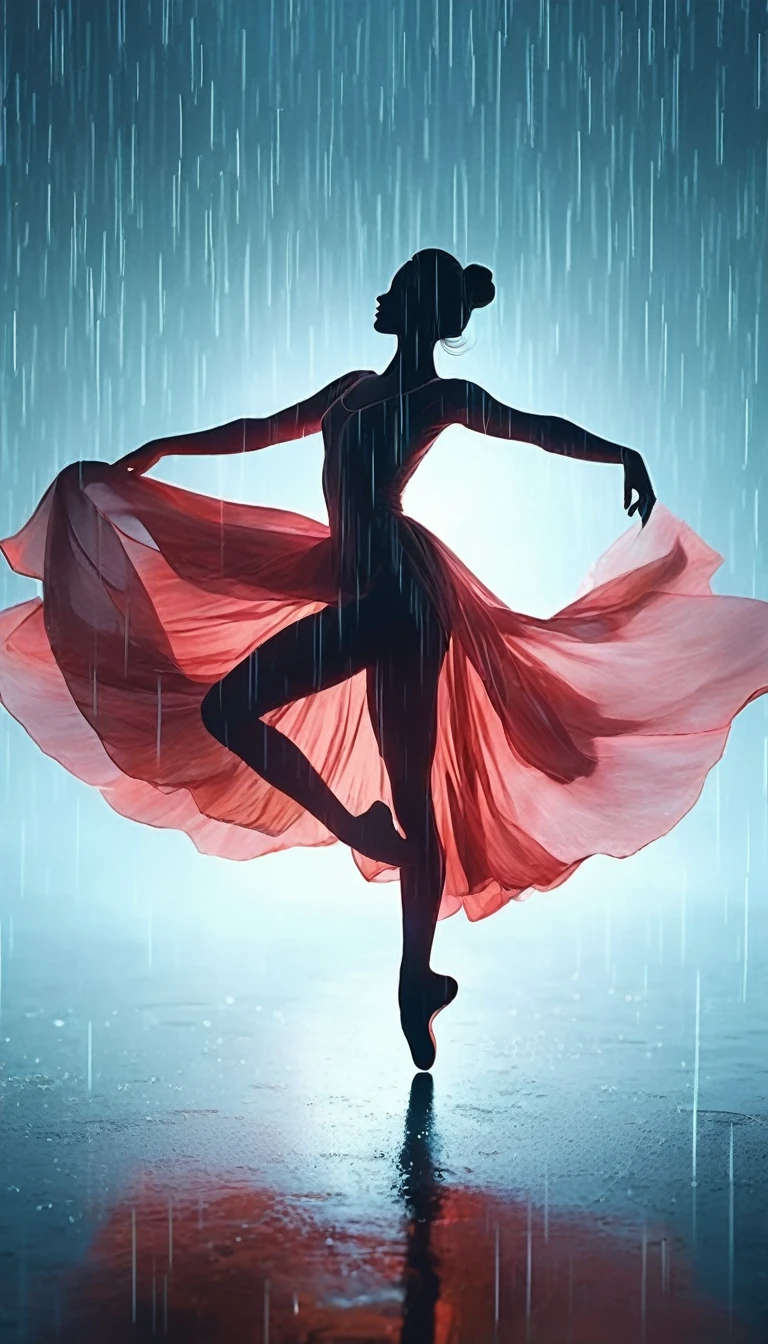 The silhouette of a ballet dancer gradually formed by the rain， 红色background, Digital Art Style, Simple lines，Silhouette of a ballet dancer dancing beautifully from above, 暴雨 dancing with the light Simple lines, Silhouette Art, background, illustration, 暴雨background, cartoon, 纯色background, texture, lotus, Warm atmosphere, Mysterious feeling, Dancing in the heavy rain, A style that displays waterspouts and light，Double Exposure，reflection