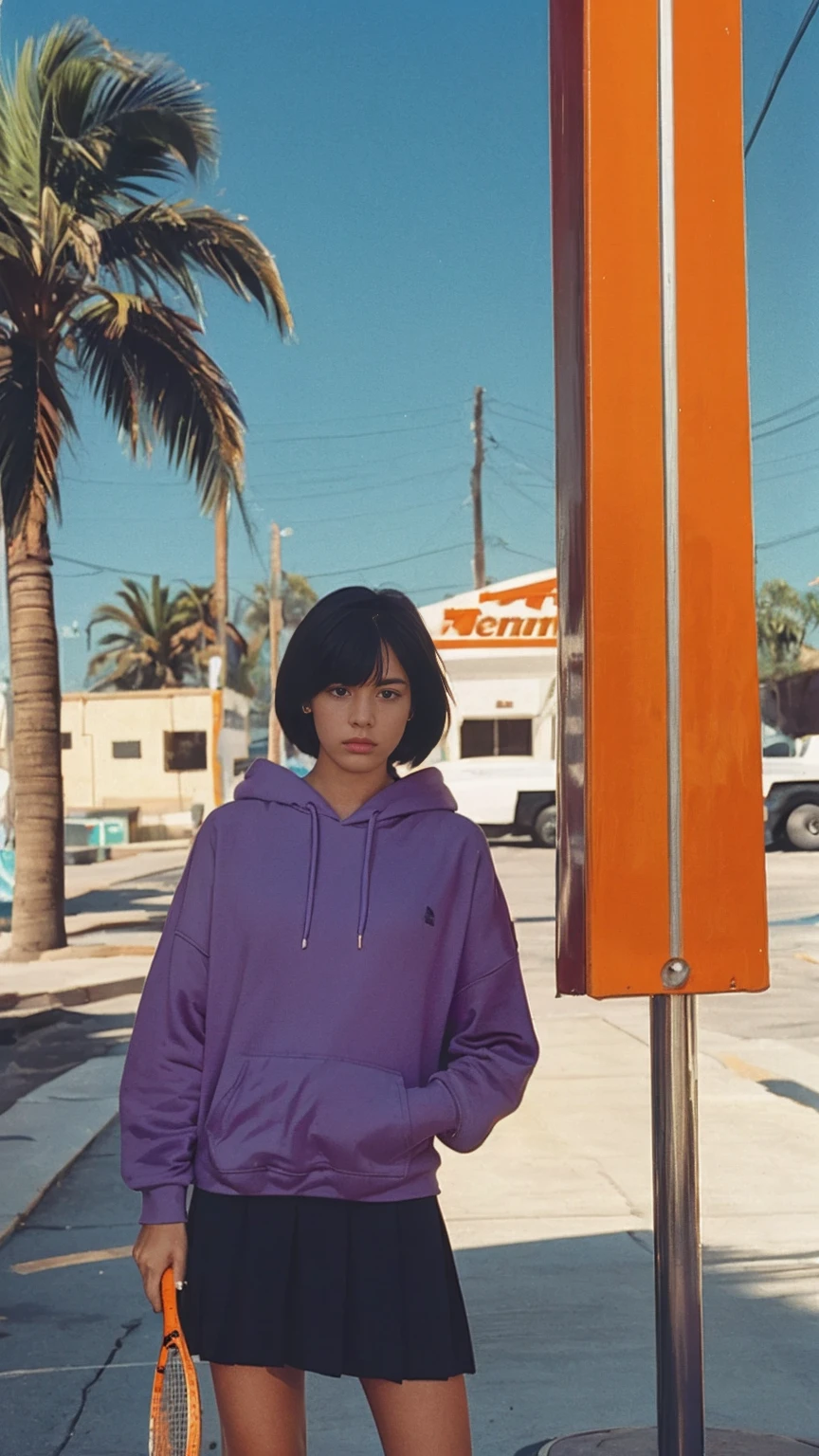 portrait of a 23 yo girl ,wear (((color orange oversized hoodie))), wear ((purple tennis skirt)),looking front,Best Quality,Masterpiece,Ultra High Resolution,(Realisticity:1.4),Original Photo, 1Girl, light leak,ultra high resolution,UHD,beautiful, (black bob hair), almond eye, no makeup, in front of ((80's gas station)), (realistic:1.2), (surreal:1.3), (very detailed:1.1), ((masterpiece)),summer, blue sky, palm trees,sunny, los angles vibes,film camera, 800mm lens,style of Philip Lorca diCorcia