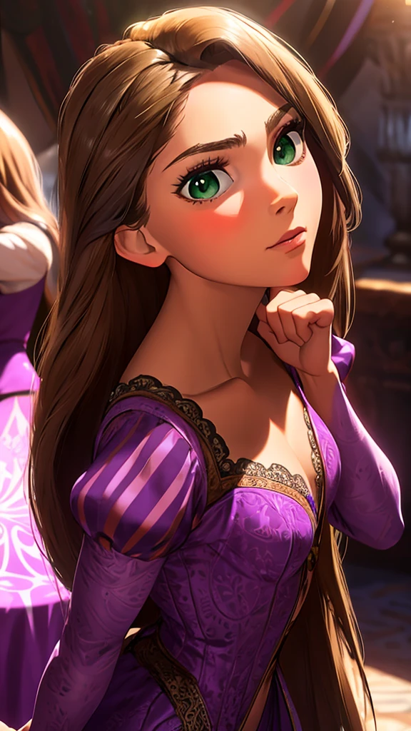 beautiful woman, long brown hair, green eyes, tight purple dress, small round breasts, seductive pose, detailed facial features, photorealistic, hyper detailed, dramatic lighting, vibrant colors, intricate patterns, fantasy art style, masterpiece