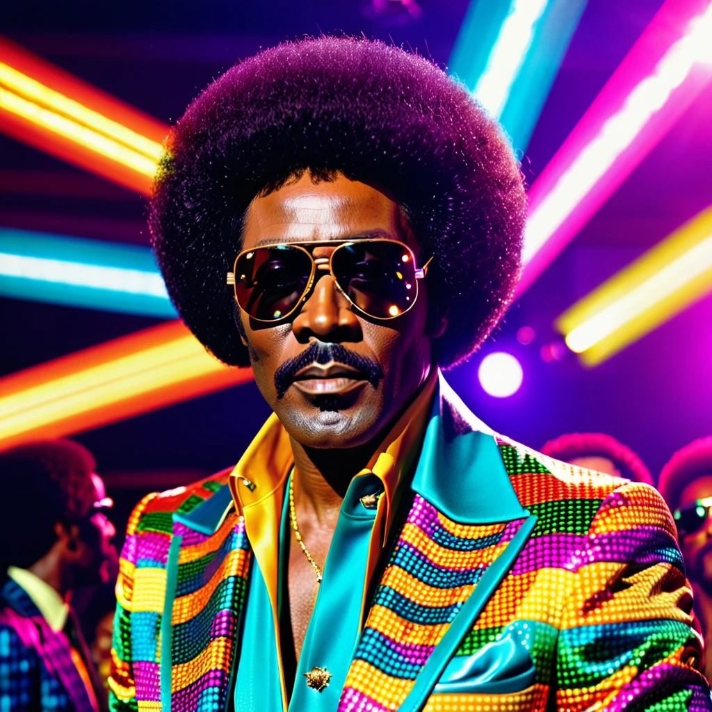 A closeup photo of Luther Diamond, a fictional 1970s R&B superstar. Luther has a stylish afro hairstyle, large aviator sunglasses, and a confident expression. He is dressed in a flashy, colorful suit with wide lapels and a bold pattern, embodying the vibrant fashion of the 1970s. The background features a stage with vibrant lighting, capturing the energetic atmosphere of a live performance. This image showcases Luther as a charismatic and legendary performer from the era.