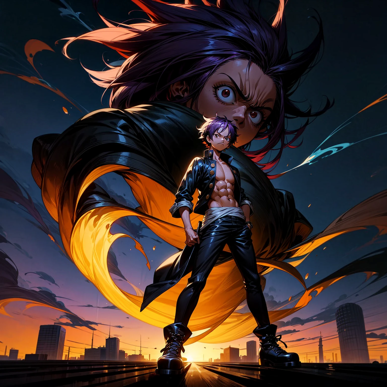 1character, full body version, character is adult male version, hazel eyes, dark purple colour hair, Shaggy hairstyle, clothing style is punk, boots, Grassroots background in city, motion blur, shadow, Black fire in hand, smoke in hand, Normal standing gesture, view low angle, He turned into half a huge monster 100 feet tall, (one piece style art)