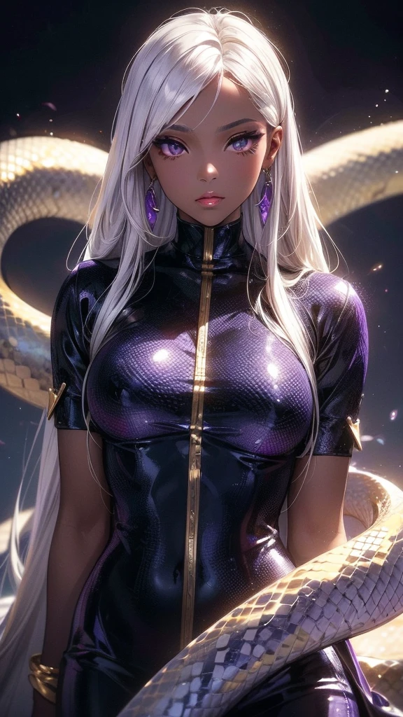 A with pure white straight hair, Dark Skin, Latin, Purple Iris，Wearing gold snake earrings. Delicate eyes, Delicate face, Light, Plump body,Realistic concept art with strong backLighting.