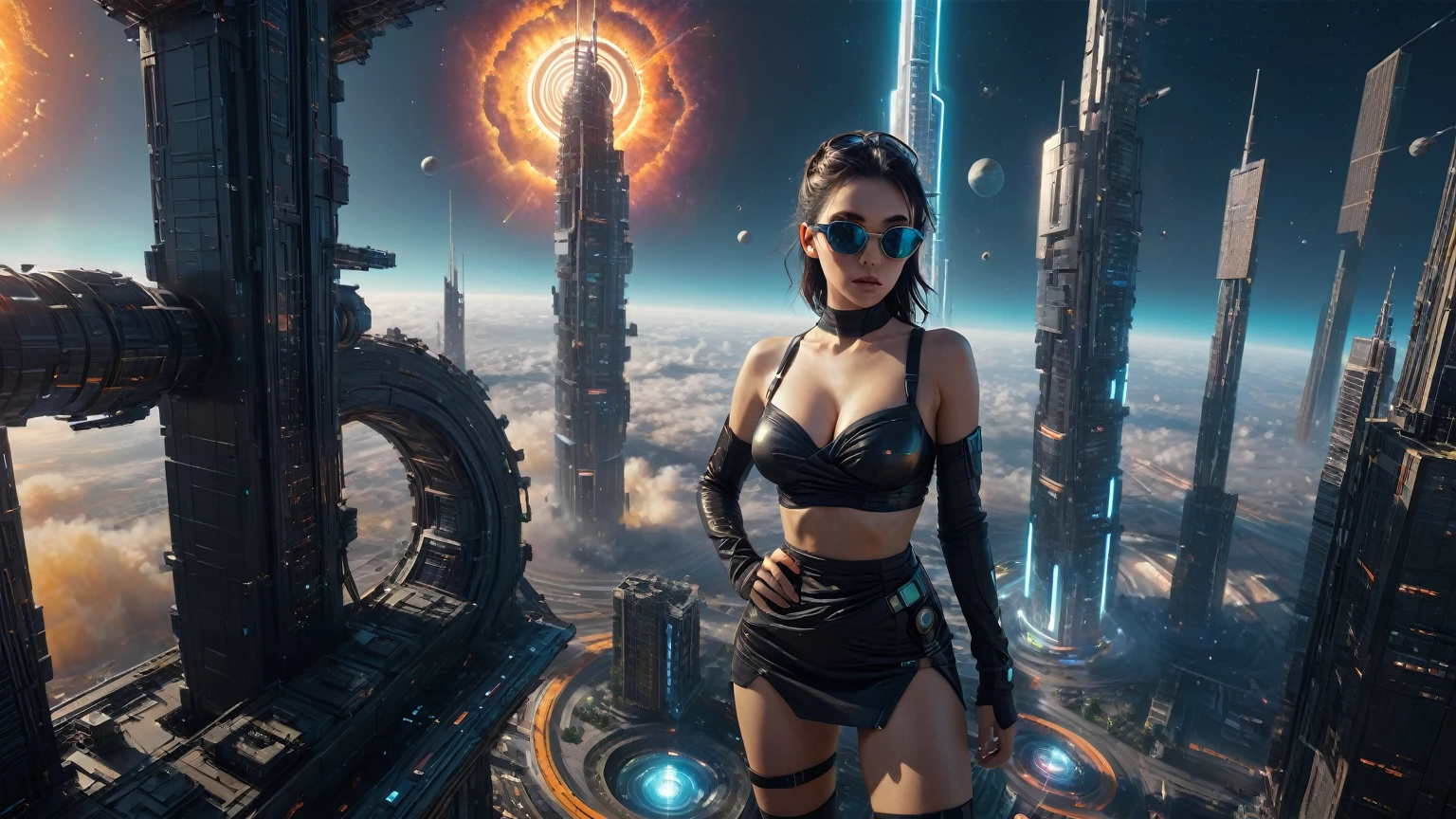 aerial view. brightly colored abstract image of a space station with a spiral, epic beautiful space scifi, chaotic cinematic space rift, greg beeple, planets colliding, beeple and tim hildebrandt, beeple and jean giraud, end of the universe, galaxy space sci-fi, ringworld, by Mike "Beeple" Winkelmann. Matrix style, (((((Matrix cascading code))))), (((((a futuristic twin tower skyscraper with a unique twisted design))))), (((((OLED GUI interfaces in the building))))), at night, (((((1girl, solo))))), photo realistic, (((large-breast:1.2 slim body, cleavage))), (((off broken mini sling-shirt and black sling bra, extreamly short pleated miniskirt exposing panty))), (((((running pose))))), (((((matrix style black sunglasses))))), ((((((((((aiming with a short gun)))))))))), (((((looking at camera))))), (((very low view))), (((((half-body thigh level medium shot))))), (((cinematic lighting))).