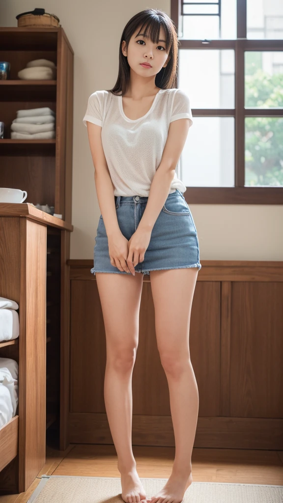 Full Body Shot、Beautiful legs、Cute Skirt、one girl, (a beauty girl, Delicate girl:1.3), (20age:1.3), break, (Cute Shirt:1.5), break, (stand), break, Very fine grain definition, (Symmetrical eyes:1.3), break, Ample breasts, Brown eyes, Parted bangs, Brown Hair, girl, break, (Eye and facial details:1.0), (Full Body Shot, Face Focus:1.0), break, (masterpiece, Highest quality, Super detailed, Detailed face, 8K)