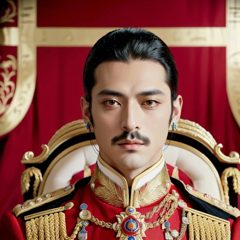 Araffe, in a red, black, blue and gold uniform, poses for a photo., royal an emperor, Order of Akira, Biopic, Insulting like Napoleon, beautiful androgynous prince, proud an emperor, Godfather Khan, Inspired by Yasutomo Oka, Insulting by impersonating Napoleon, portrait of the empire, french an emperor, royal portrait, Emir, an emperor, Rafael Pernaz