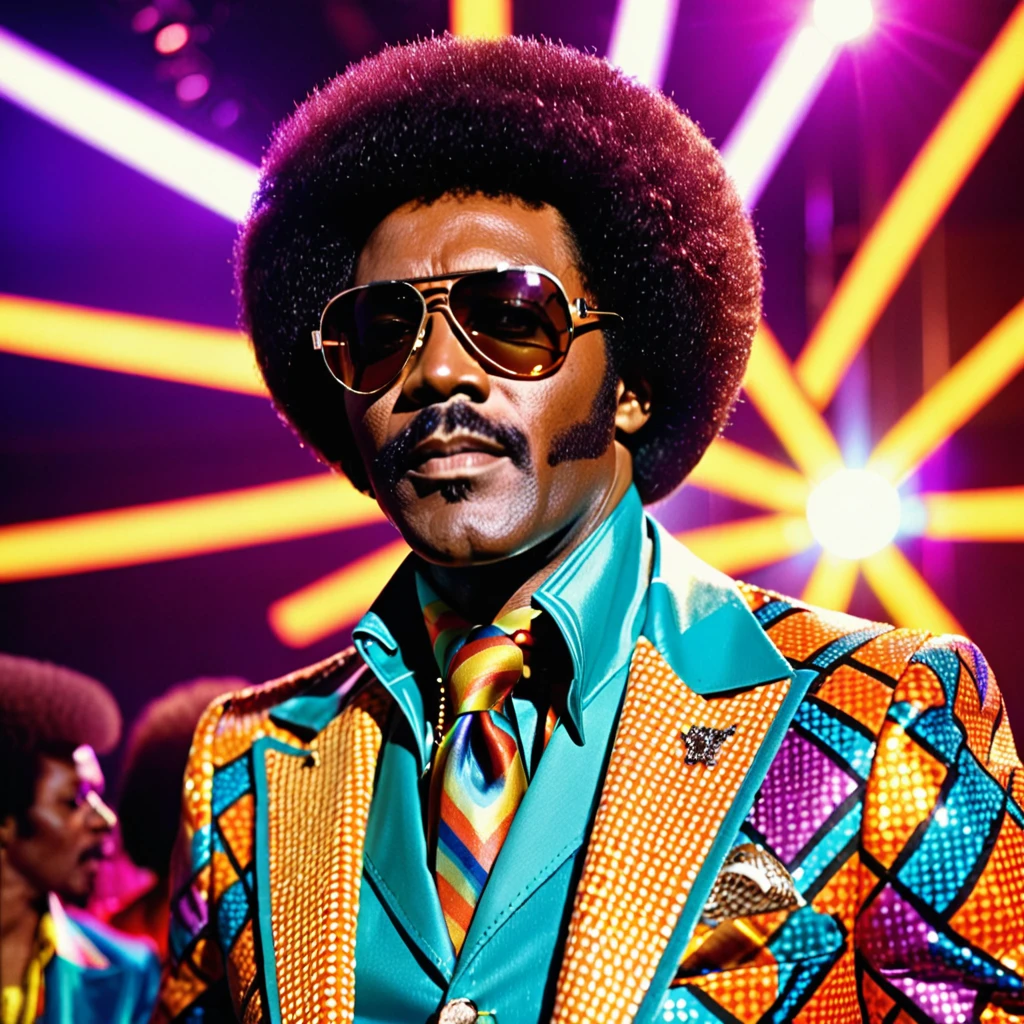 A closeup photo of Luther Diamond, a fictional 1970s R&B superstar. Luther has a stylish afro hairstyle, large aviator sunglasses, and a confident expression. He is dressed in a flashy, colorful suit with wide lapels and a bold pattern, embodying the vibrant fashion of the 1970s. The background features a stage with vibrant lighting, capturing the energetic atmosphere of a live performance. This image showcases Luther as a charismatic and legendary performer from the era.