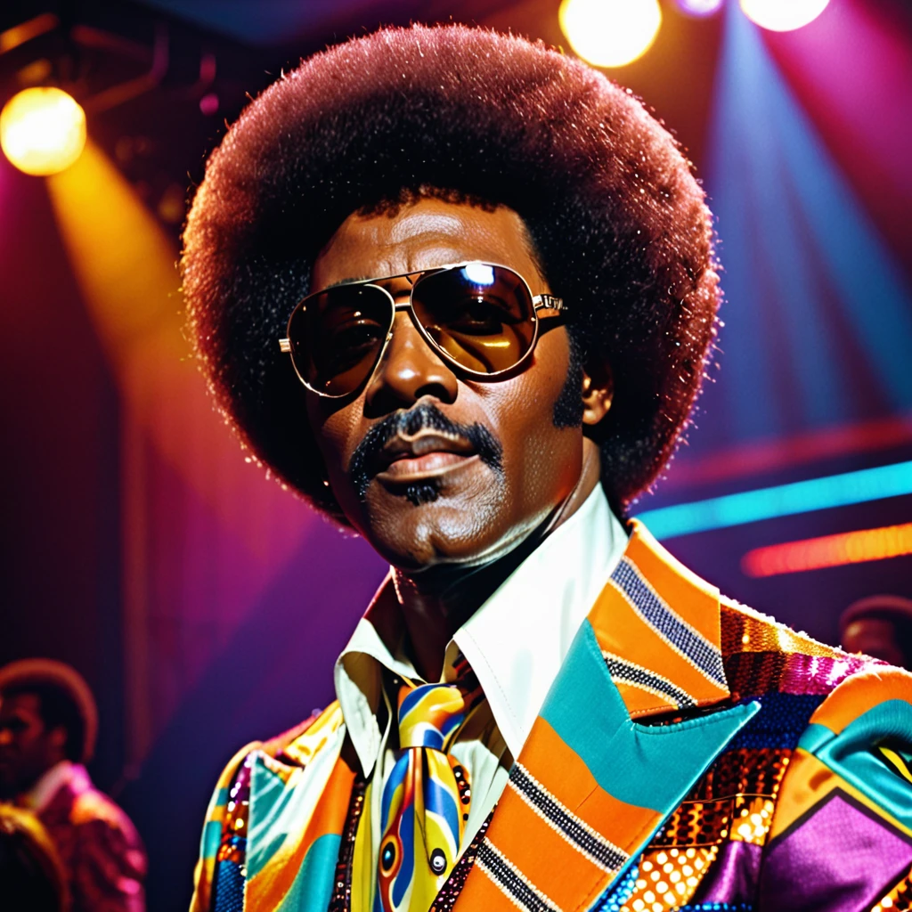 A closeup photo of Luther Diamond, a fictional 1970s R&B superstar. Luther has a stylish afro hairstyle, large aviator sunglasses, and a confident expression. He is dressed in a flashy, colorful suit with wide lapels and a bold pattern, embodying the vibrant fashion of the 1970s. The background features a stage with vibrant lighting, capturing the energetic atmosphere of a live performance. This image showcases Luther as a charismatic and legendary performer from the era.