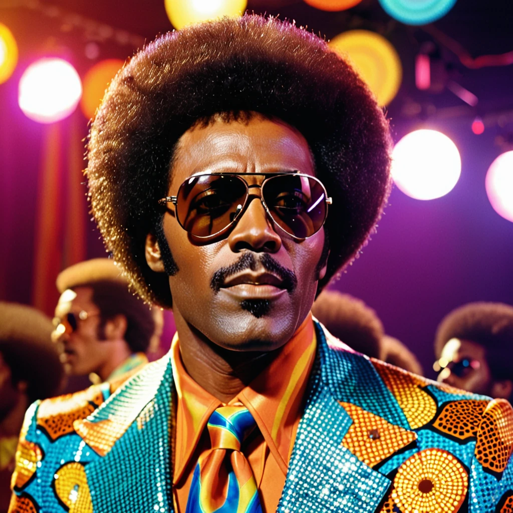 A closeup photo of Luther Diamond, a fictional 1970s R&B superstar. Luther has a stylish afro hairstyle, large aviator sunglasses, and a confident expression. He is dressed in a flashy, colorful suit with wide lapels and a bold pattern, embodying the vibrant fashion of the 1970s. The background features a stage with vibrant lighting, capturing the energetic atmosphere of a live performance. This image showcases Luther as a charismatic and legendary performer from the era.