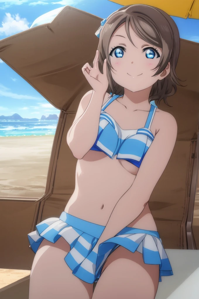 (((pixel-perfect, detail-perfect))), solo, 1girl, you watanabe, eyes azzur, smile, bikini, summer beach, armpit, big filesize, ultra High Qality
