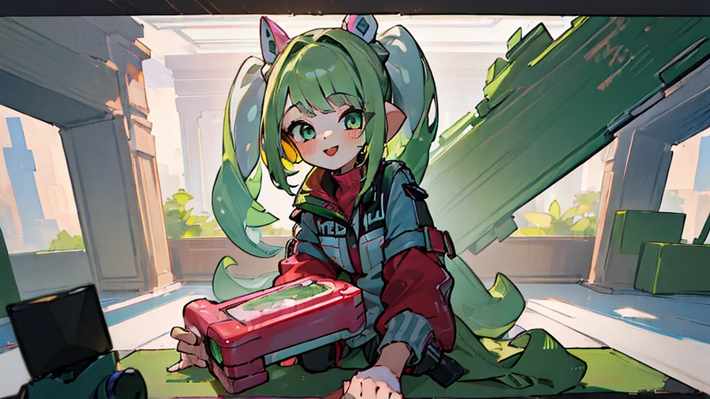 ((Highest quality, 8K, masterpiece: 1.3)), ((One girl:1.5)), Inside the room,Play games on a gaming monitor,Live broadcast in progress,Splatoon 3,A big smile,Green Hair,cute