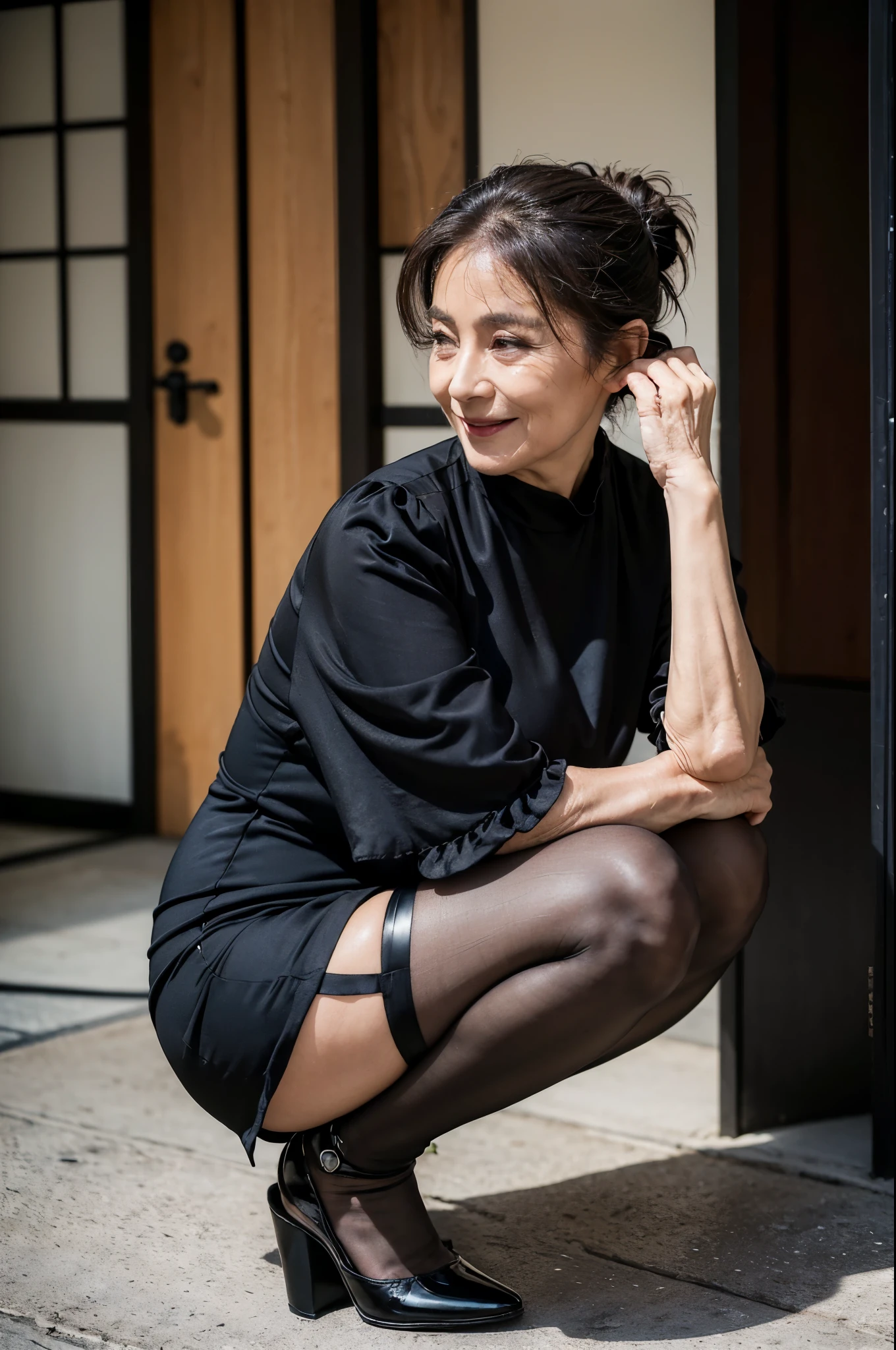 (masterpiece:1.4),(Beautiful 67 year old woman:1.5),(Facial wrinkles : 1.2), (facing away : 1.1), smile, (hair tied up : 1.1), (short-sleeve black mourning dress), (black nylon tights : 1.2), (black high-heel), Motherhood Mature Woman, plump arms, plump thighs, (focus on thighs : 1), squatting , on knees, entrance, japanese house