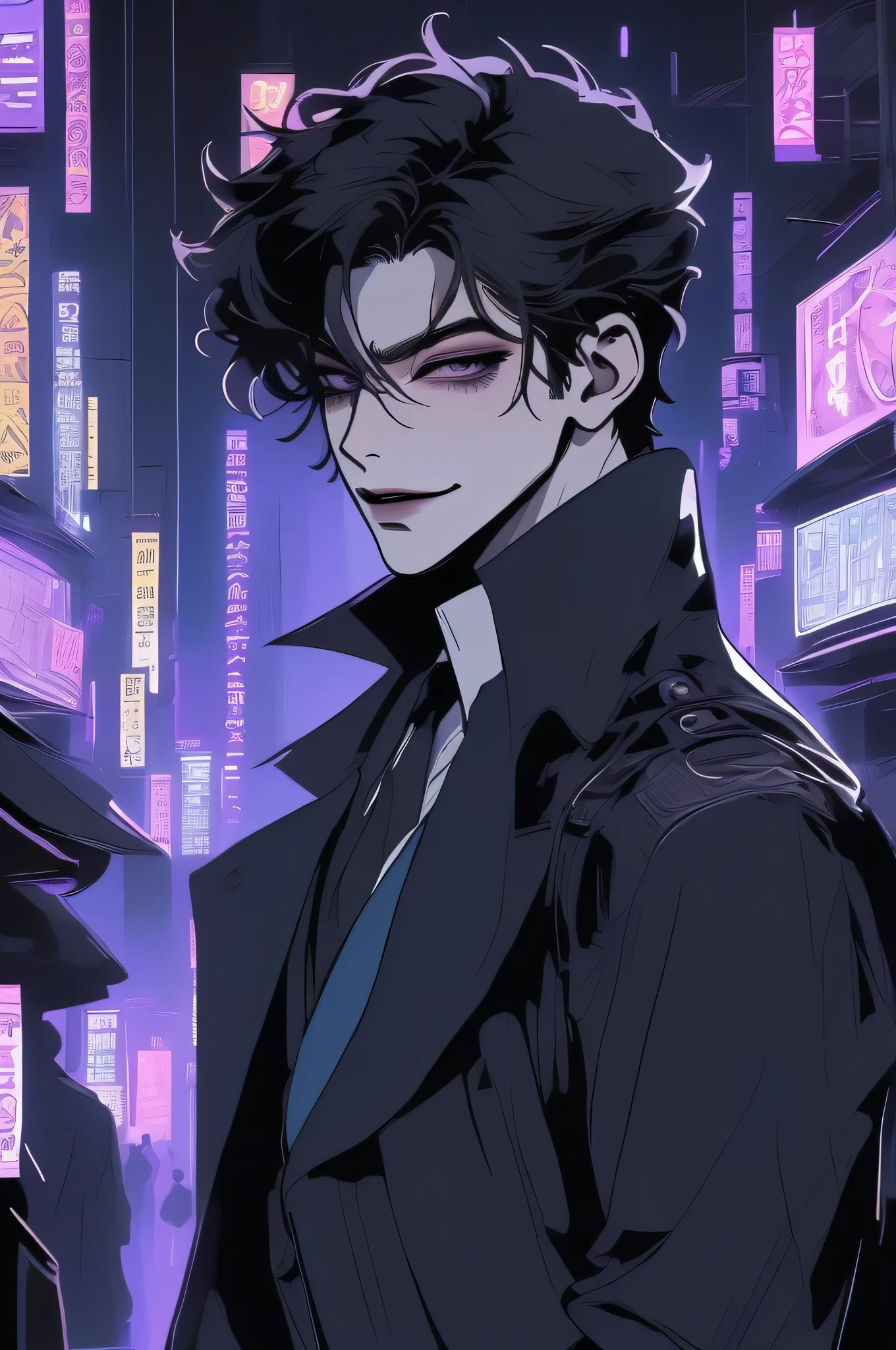 anime man in the night city, attractive man with сиреневые глаза while squinting, adult man, black hair, black loose shirt, (((no decorations on clothes))), beautiful detailed eyes, lilac eyes eyes, squinting, shoulder-length curly hair, (Best quality,4K,8 k,A high resolution,masterpiece:1.2), ultra detailed, bright colors, dark lighting, Cinematic, A sly smile on his face, long hair, full length