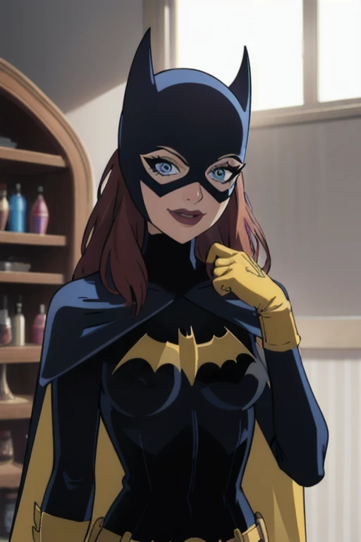 BarbaraG, 1girl, solo, long blue cape, blue mask, belt, gloves, blue eyes, superhero, long hair, bodysuit, lipstick, batgirl, room, smile, cape covered her body 