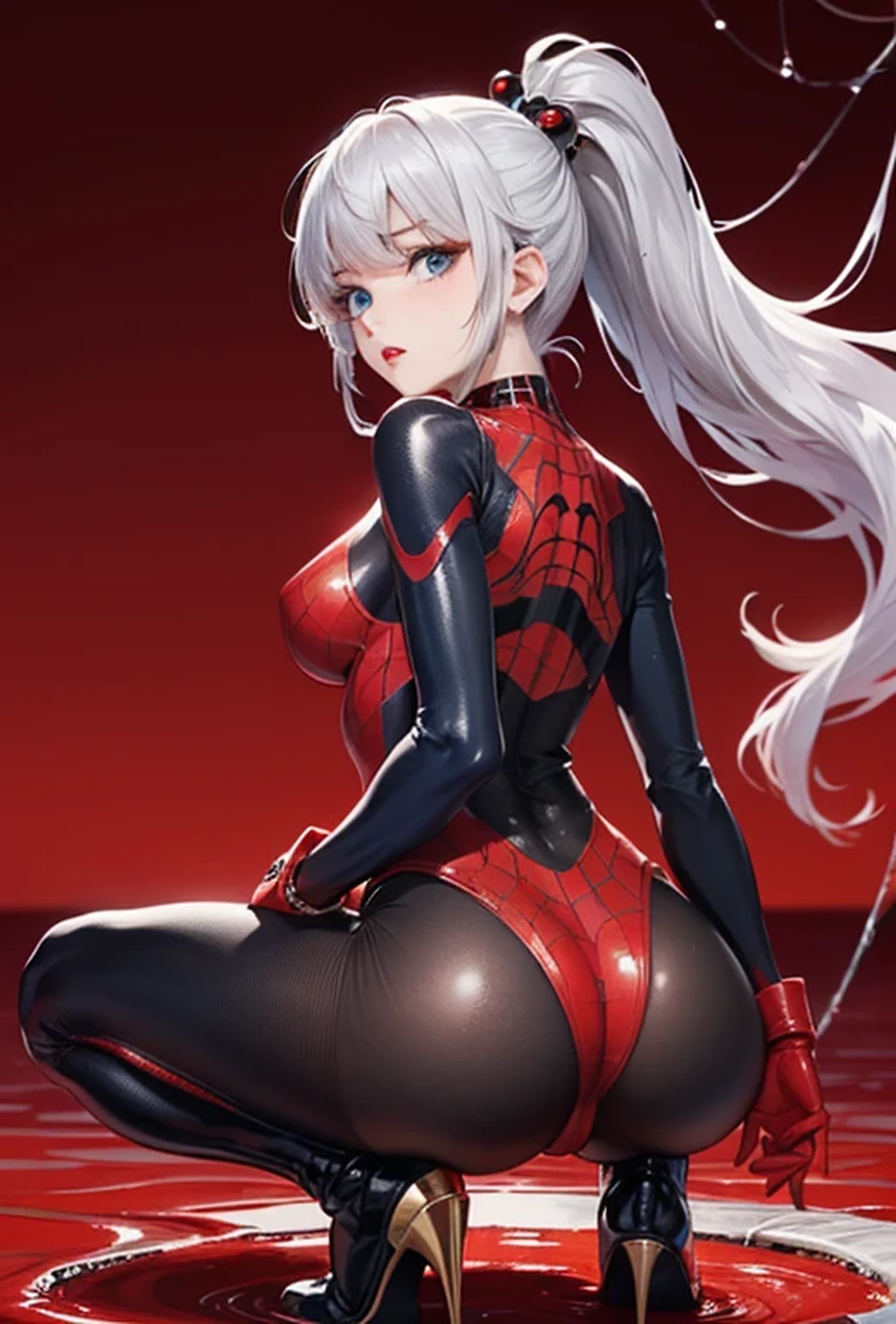 (Super detailed、Ultra-high resolution、8K masterpiece、Vibrant colors)、((Flat Color))、((Floating red water))、Dark Background、
cyber punk、Spider Girl、(Black spider tight suit with high leg leotard)、(Soryu Asuka Langley)、
(Big Breasts)、(胸にArachneのタトゥー、Arachne:1.2)、 (look back、squat)、spiderweb、 (midium Hair:1.2,Blunt bangs、ponytail、Vermilion, gold and silver hair、hair ornaments、Beautiful blue eyes、Brown Skin、Red lipstick)、TWICE's Tzuyu' on pause、Beautiful blue eyes、Stoic、(sense of exaltation:1.4)、Plump nipples、Beautiful hip line、(cameltoe)、Random Sexy Poses