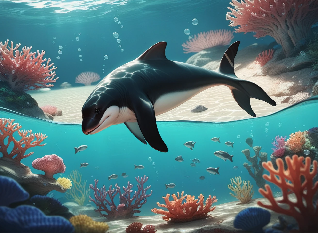 score_9, score_8_up, score_7_up, score_6_up, source_furry, rating_questionable, contrast, detailed background, depth of field,
 dolphin, animal, dolphin penis, feral, swimming, underwater, coral reef,