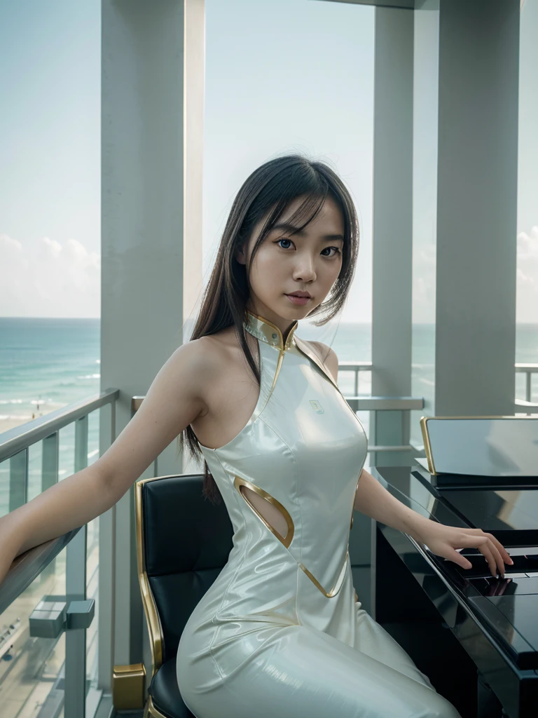 selfie, Chinese people, calm face, 1 woman playing the piano wearing a futuristic dress, electric white, gold, black, background on the balcony of a futuristic building and a futuristic city on the edge of a lime green beach, full HD, 16k, high contrast, high saturation, hyper realistic photos, good light, Nice face and very detailed