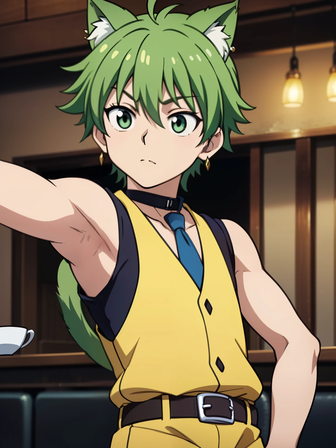 Highres, Masterpiece, Best quality at best,Best Quality,hight quality, hight detailed, Anime style, (), (Showing armpit:1.3), Green hair, fluffy hair, Sleeveless vest, waiter, Tie, cafe, Earring, Bare shoulder, elbow covered, Slim body, choker, Cat ear, cat tail, upper body, belt, Blurry beckground, (very thin body), (very young boy),y small and short body), uhd