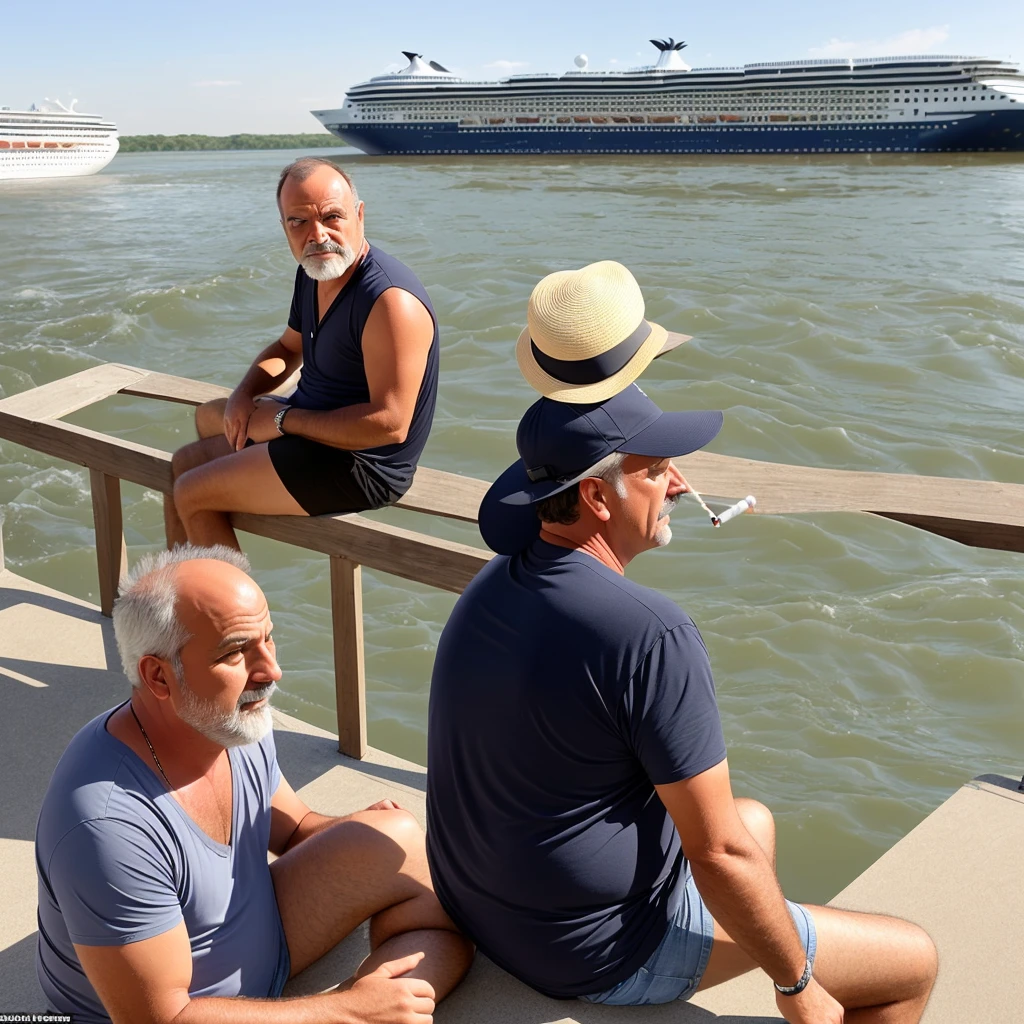 Middle-aged man sitting by the river and smoking,Looking at the cruise ship on the river,His face was surprised
