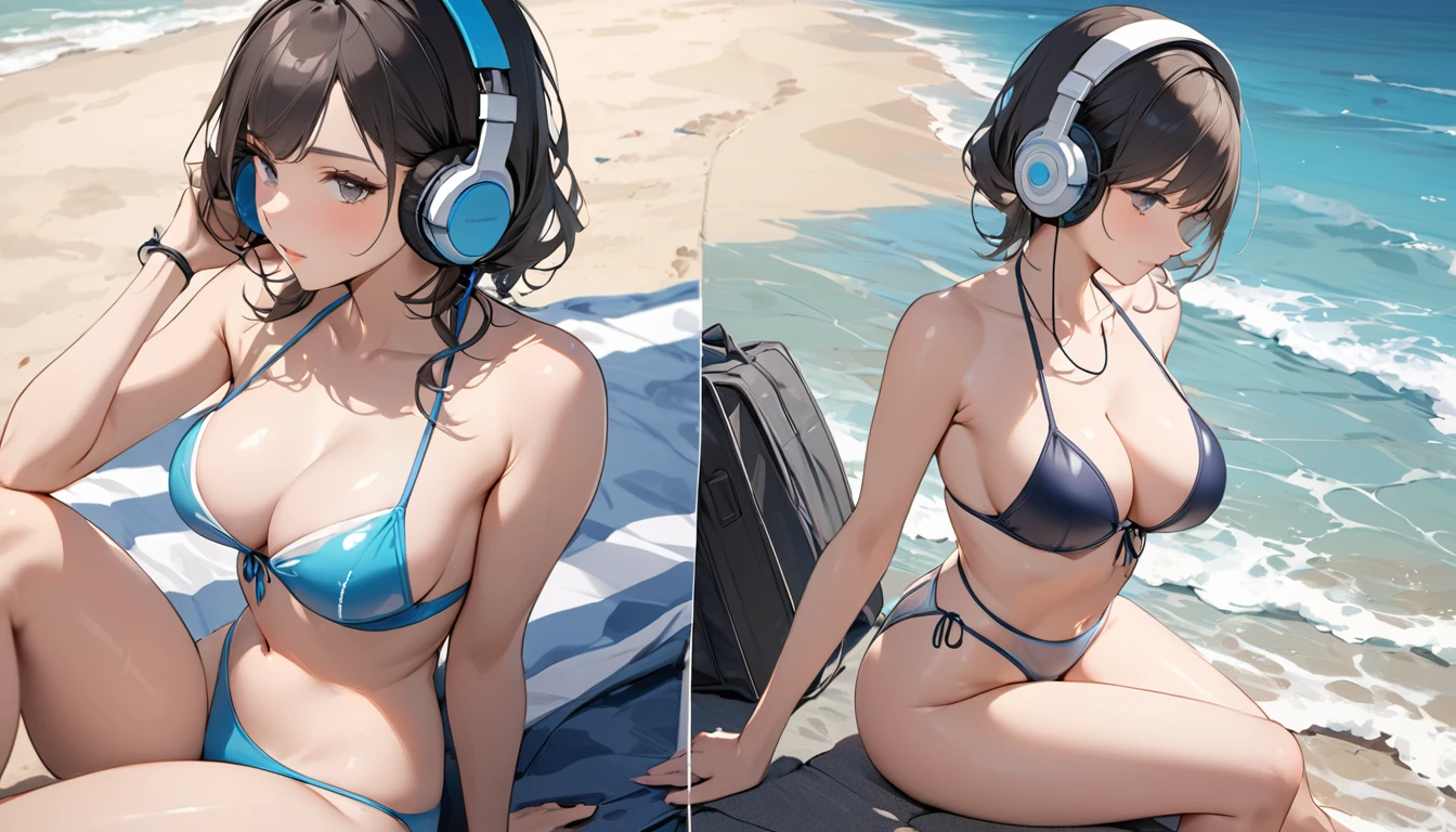 ((Top Quality)), ((Masterpiece)), ((Details)), perfect face, perfect body, sitting on the beach, listening to music, wearing headphones, wearing swimsuit, swimsuit transparent, tight with buttocks and breasts exposed Woman with clothes on and face visible