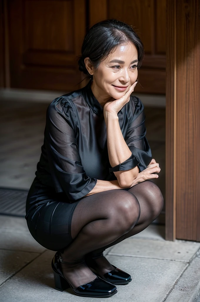 (masterpiece:1.4),(Beautiful 60 year old woman:1.5),(Facial wrinkles : 1.2), (facing away : 1.1), smile, (hair tied up : 1.1), (short-sleeve long black mourning dress), (black nylon tights : 1.2), (black high-heel), Motherhood Mature Woman, plump arms, plump thighs, (focus on thighs : 1), squatting , on knees, entrance, japanese house