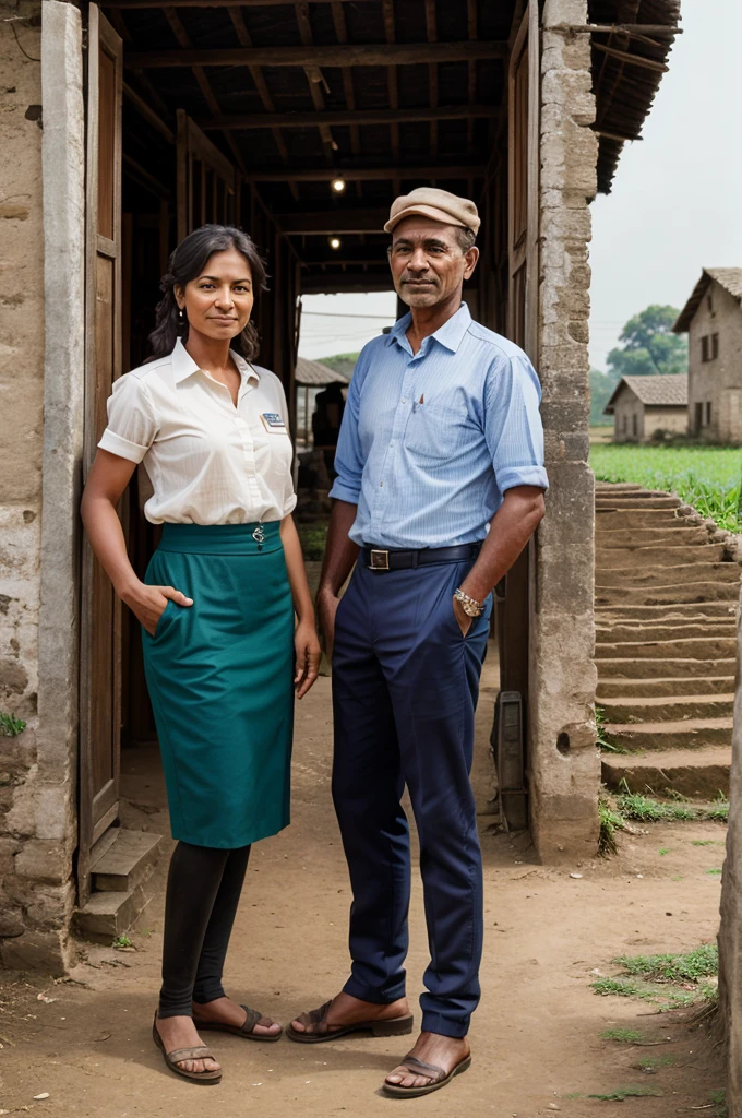 Two people standing in a village, one bank officer and one farmer, photorealist 