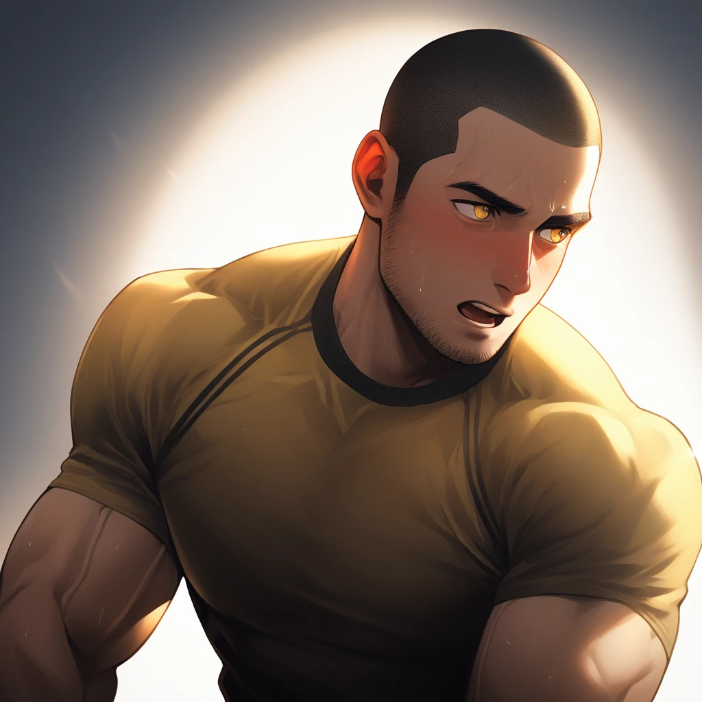 1muscular sportsman, male focus, Buzz Cut, Yellow and black tight T-shirt, Very tight, muscular male, muscular, only, Upper body, alone, look to the side, short hair, stubble, sweat, black hair, Yellow eyes, open lips, White background, simple background, amazing quality, best aesthetics, Ridiculous, crew cut, moaning, blush, chiaroscuro, cinematic lighting, best quality, textured skin
