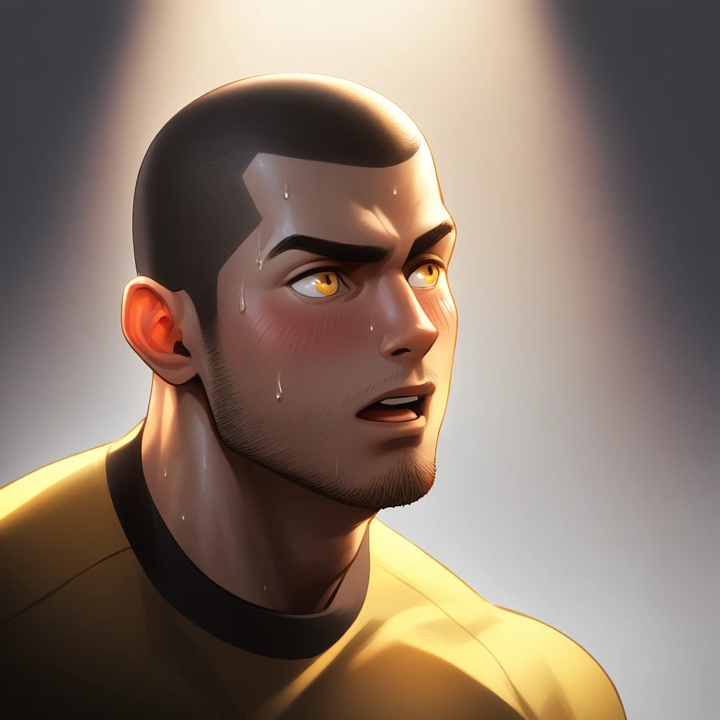 1muscular sportsman, male focus, Buzz Cut, Yellow and black tight T-shirt, Very tight, muscular male, muscular, only, Upper body, alone, look to the side, short hair, stubble, sweat, black hair, Yellow eyes, open lips, White background, simple background, amazing quality, best aesthetics, Ridiculous, crew cut, moaning, blush, chiaroscuro, cinematic lighting, best quality, textured skin
